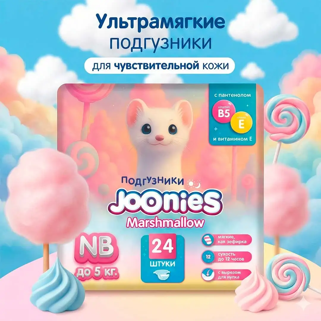 Подгузники Joonies Marshmallow NB (0-5 кг) 24 шт