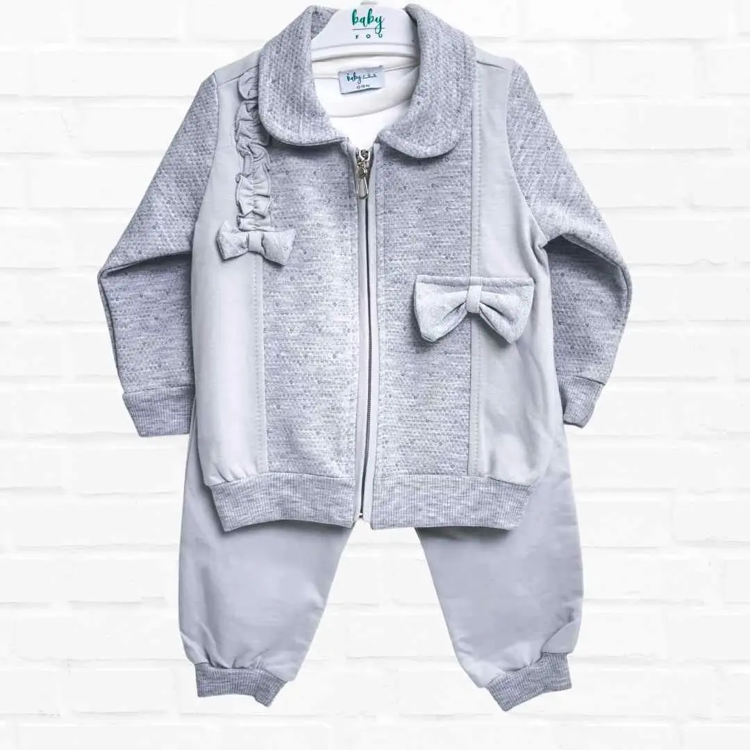 Комплект 3ка Baby fou свитшот + штаны + толстовка на молнии бантики Серый