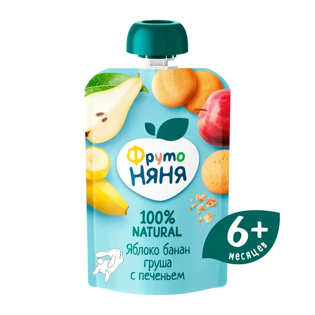 Пюре ФрутоНяня яблоко, банан, груша с печеньем 90г пауч 6+ мес