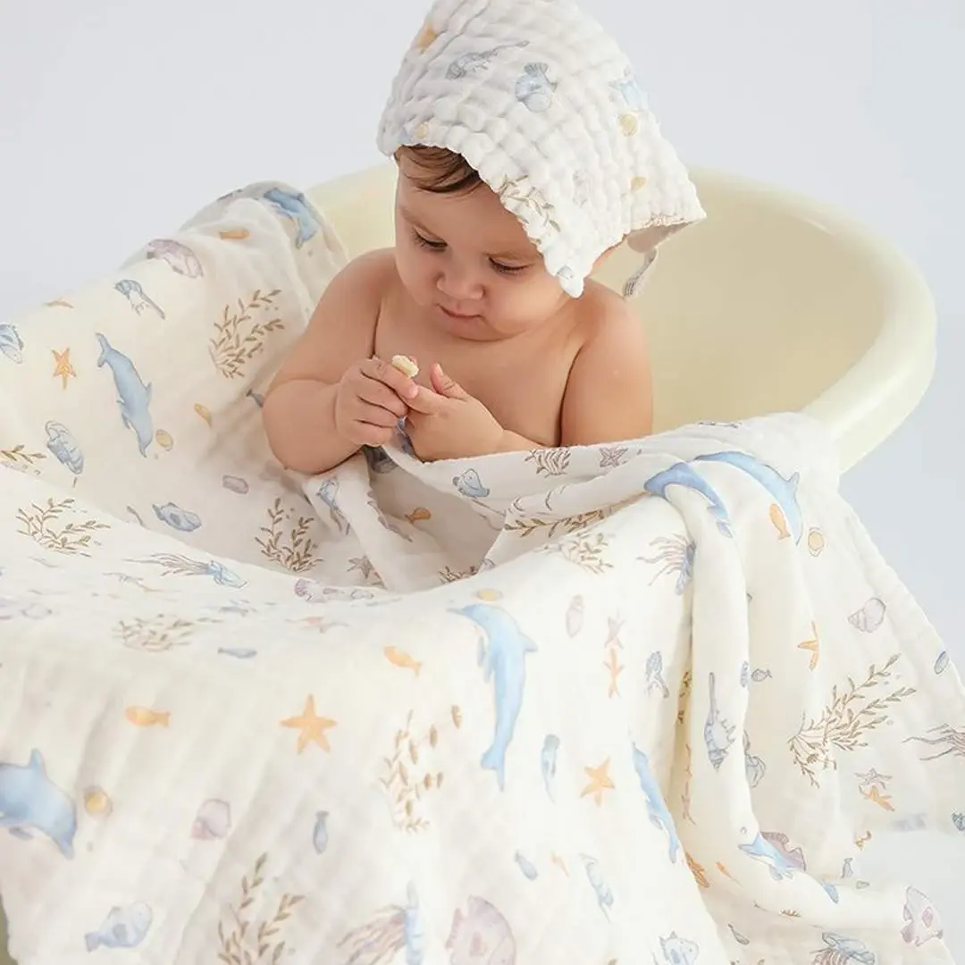 Муслиновая пеленка полотенце с салфеткой Baby bathtowel Морской мир