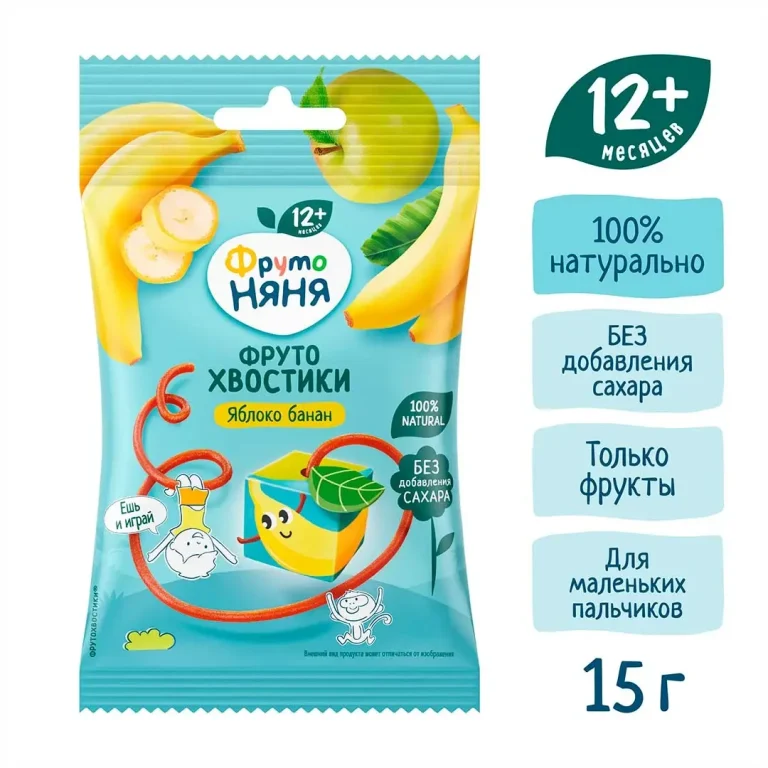 ФрутоНяня ФрутоХвостики с яблоком и бананом, 15 г, с 12+ мес