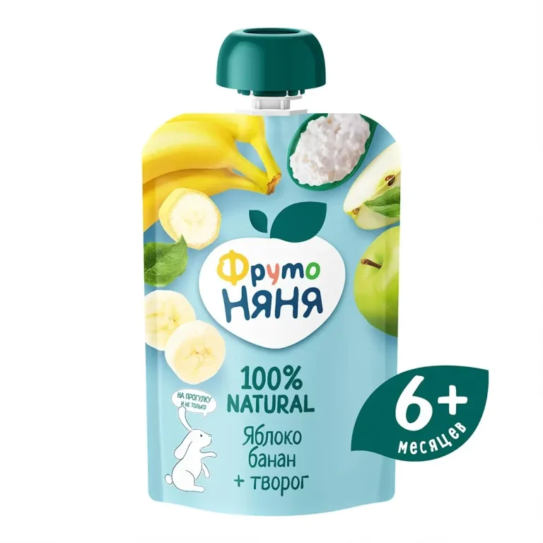 Пюре ФрутоНяня яблоко, банан и творог 90г пауч 6+ мес