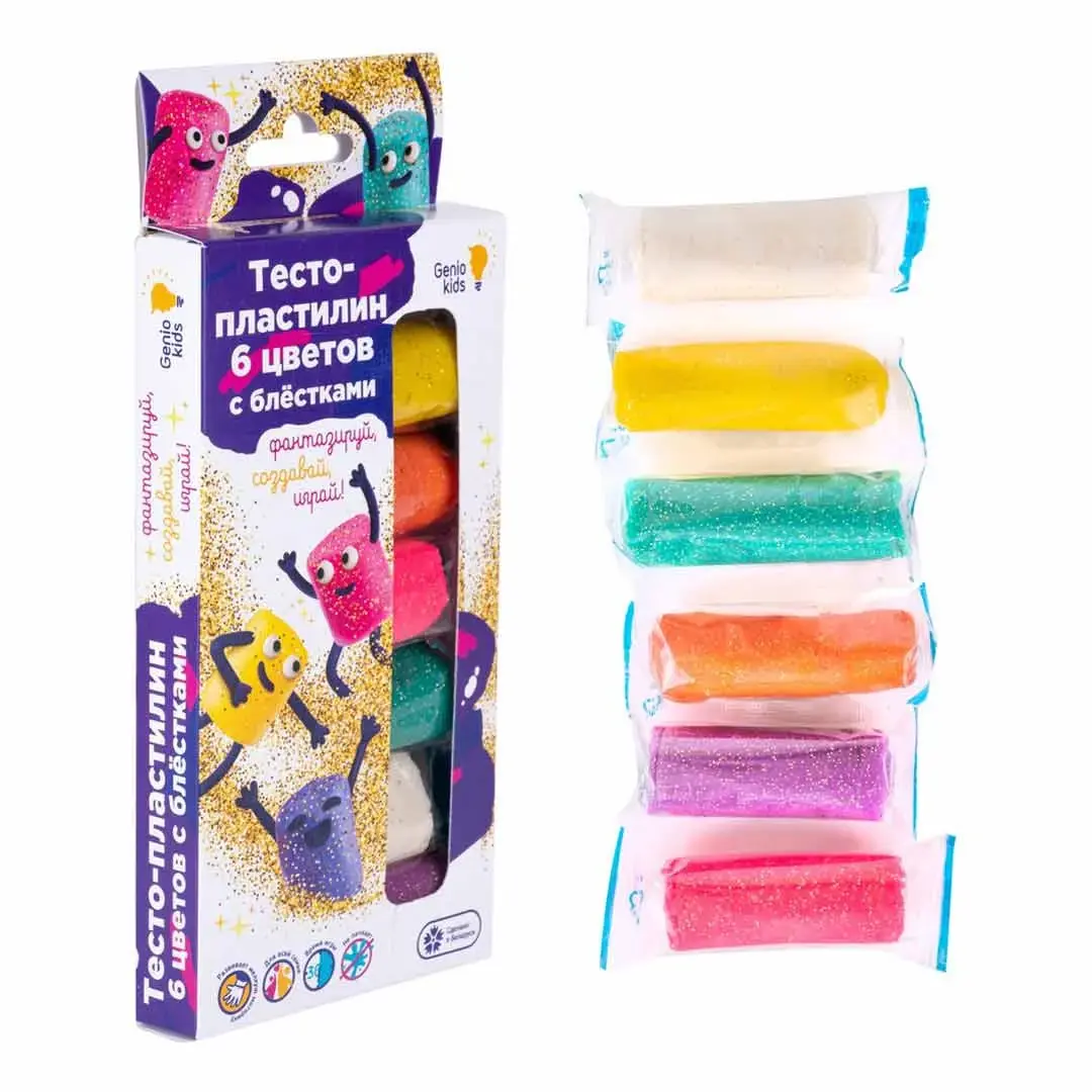 Набор для лепки Genio kids Тесто-пластилин 6 цветов с блёстками