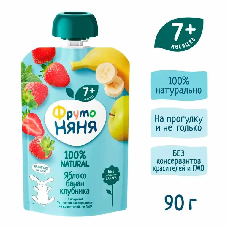 Десерт ФрутоНяня яблоко, банан, клубника 90г пауч 7+ мес