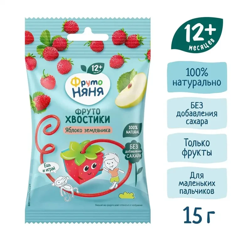ФрутоНяня ФрутоХвостики с яблоком и земляникой, 15 г, с 12+ мес