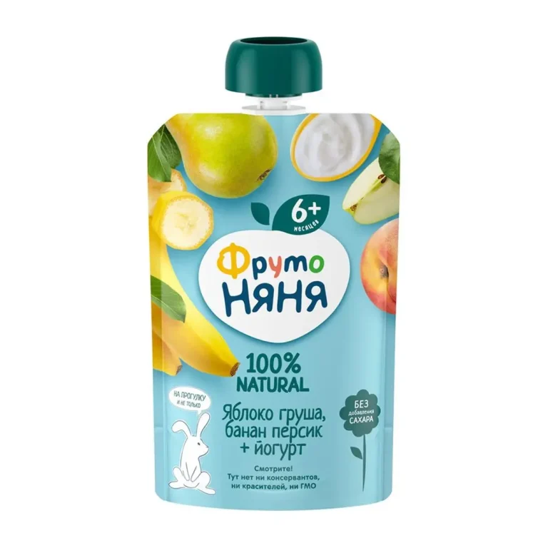 Пюре ФрутоНяня яблоко, груша, банан, персик и йогурт 90г пауч 6+ мес