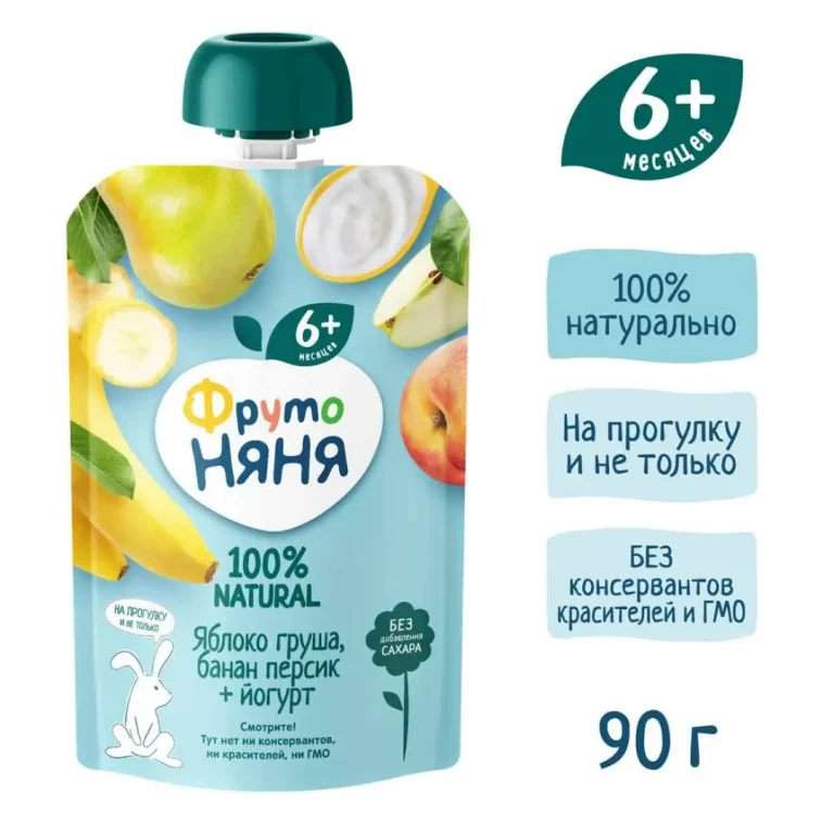 Пюре ФрутоНяня яблоко, груша, банан, персик и йогурт 90г пауч 6+ мес