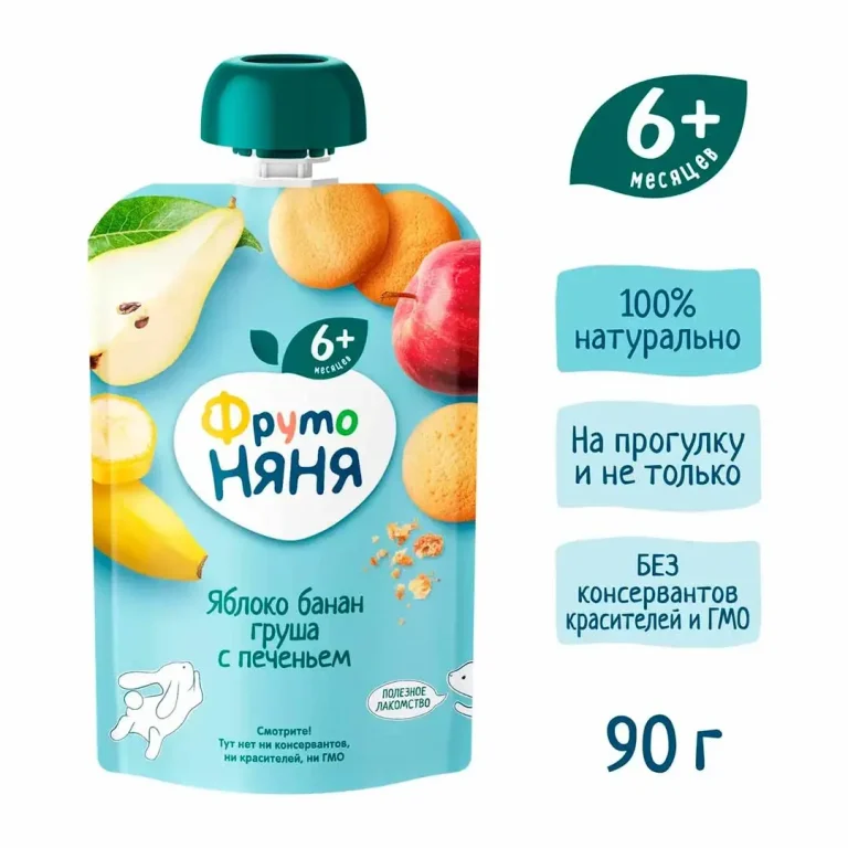 Пюре ФрутоНяня яблоко, банан, груша с печеньем 90г пауч 6+ мес