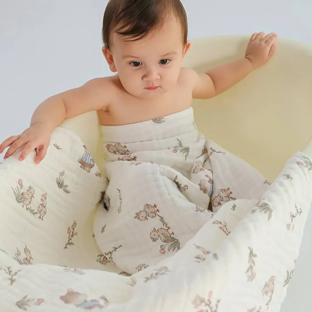 Муслиновая пеленка полотенце с салфеткой Baby bathtowel Мишка и утка